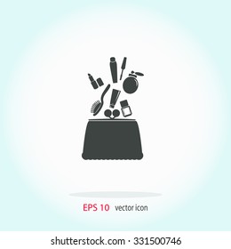 Make up bag with falling cosmetics. Vector icon.