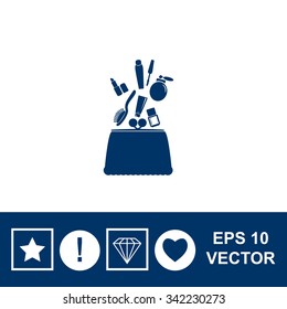 Make up bag with falling cosmetics. Vector icon.