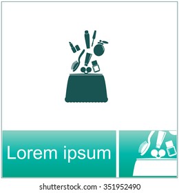 Make up bag with falling cosmetics. Vector icon.