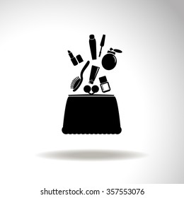 Make up bag with falling cosmetics. Vector icon.