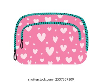 Make up bag with hearts print vector flat illustration