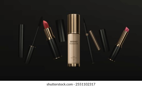 Schmink-Banner. Ein luxuriöses Kosmetik-Banner mit realistischen Lippenstift, Wimperntusche, Eyeliner, Cremeflasche auf schwarzem Hintergrund. Ideal für Beauty-Produkt-Aktionen. Nicht KI.