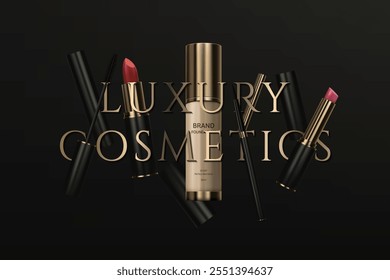 Maquiagem. Uma faixa de cosméticos de luxo com batom realista, rímel, delineador, garrafa de creme de fundação em um fundo preto. Ideal para promoções de produtos de beleza. Não é IA.