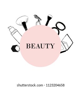 Make up beauty background. Poster template with face cosmetic products and tools, pink circle field for text. Powder concealer tube, blush, eyelash curling, concealer, eye shadow. Sale, offer banner.