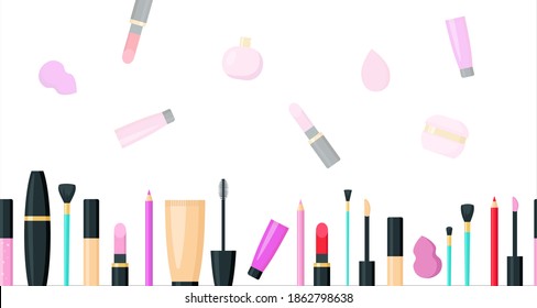 Make Up Beauty Cosmecics horizontal Banner. Flat vector template background