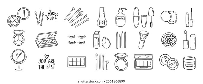 Make Up beauty doodle hand drawn icon set. Outline drawing cosmetics line clipart symbol. Vector illustration