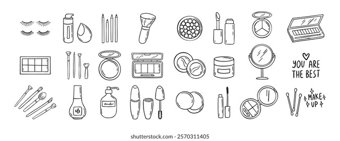 Make Up beauty doodle hand drawn icon set. Outline drawing cosmetics line clipart symbol. Vector illustration