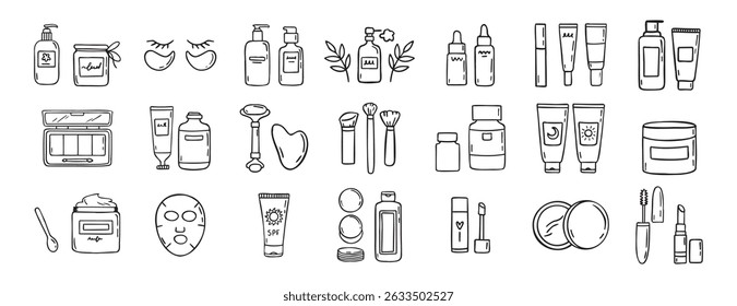 Make Up beauty doodle hand drawn icon set. Outline drawing cosmetics line clipart symbol. Vector illustration