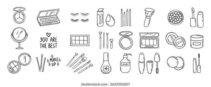 Make Up beauty doodle hand drawn icon set. Outline drawing cosmetics line clipart symbol. Vector illustration