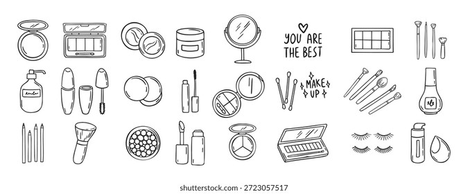Conjunto de iconos dibujados a mano de doodle de belleza. Clipart de línea de cosméticos de dibujo de contorno. Ilustración vectorial