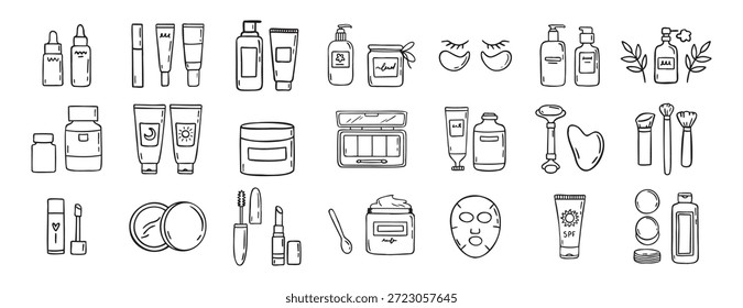 Conjunto de iconos dibujados a mano de doodle de belleza. Clipart de línea de cosméticos de dibujo de contorno. Ilustración vectorial