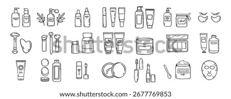 Make Up beauty doodle hand drawn icon set. Outline drawing cosmetics line clipart symbol. Vector illustration