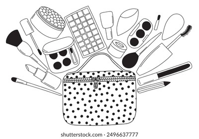 Make up beauty products in cosmetic bag vector doodle illustration