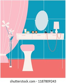 Make up beauty room with table and mirror on it. Vector illustration