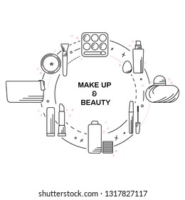 Make up and beauty set vector line art collection. Beauty themed vector illustration for stamp, label, certificate, badge, brochure, card, poster, coupon or banner decoration