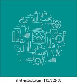 Make up and beauty set vector line art collection. Beauty themed vector illustration for stamp, label, certificate, badge, brochure, card, poster, coupon or banner decoration