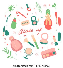 Make up and beauty symbols icon set. Female collection of different products accessoires for skin care and visage. Hand drawn vector illustration