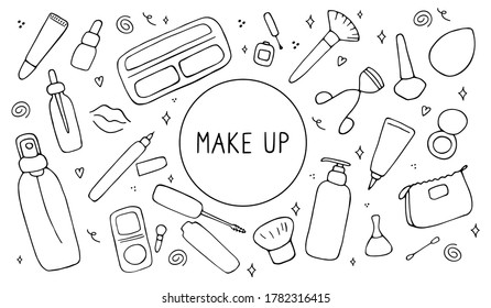 Make up and beauty symbols icon set. Female collection of different products accessoires for skin care and visage. Hand drawn vector illustration