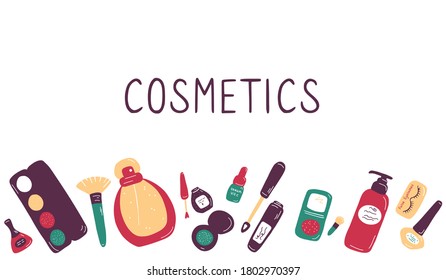 Juego de iconos de maquillaje y belleza. Recogida femenina de diferentes productos para el cuidado de la piel y el visaje. Ilustración de vector plano dibujado a mano