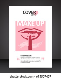 Make up beauty trendy cover design annual report, vector template brochures, flyers, presentations, leaflet, magazine a4 size with red lips and lipstick instead of finger brought to lips