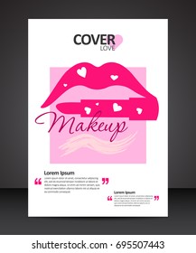 Make up beauty trendy cover design annual report, vector template brochures, flyers, presentations, leaflet, magazine a4 size with lips and lipstick instead of the lower lip with hearts
