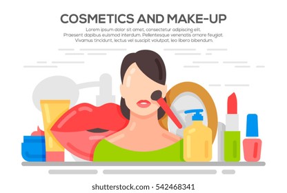 Make up beauty woman concept banner. Cosmetics and fashion background with make up artist objects