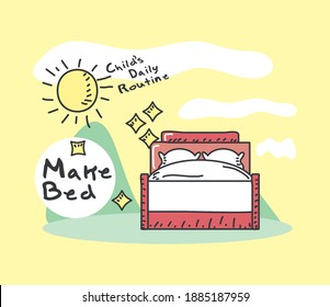 Make bed child's daily routine sticker cute vector illustration