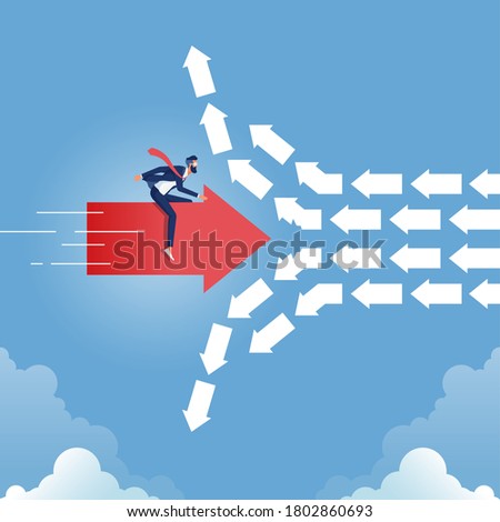 Make Better Decisions concept, Businessman ride on red arrow breaking the order