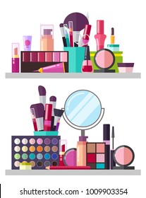 Make up big collection, posters with palette and eyeshadows, mirror and powders, lipsticks and mascara, items vector illustration isolated on white