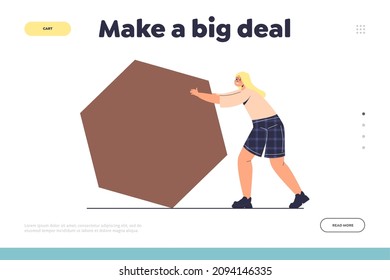 Make big deal concept of landing page with woman pushing hexagon shape. Cartoon female character push making effort with strength. Challenge in business project. Flat vector illustration