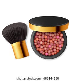 Make up blush with golden brush. Skincare, beauty lifestyle. Vector illustration EPS 10.