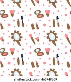 Make up bottles products seamless pattern. Mascara, lipstick, blush, mirror, brushes. Eps 10.