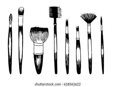 Make up brush black set. Hand art simple sketch. 