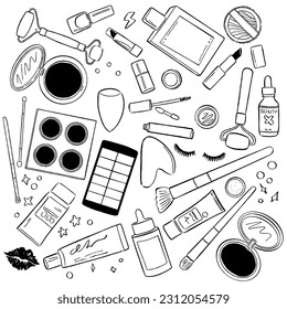 Make up brush and cosmetics kit collection on white background. Beauty and makeup icon set doodle style for make up artist or fashion design. Nail polish, mascara, lipstick, eye shadows, brush, powder