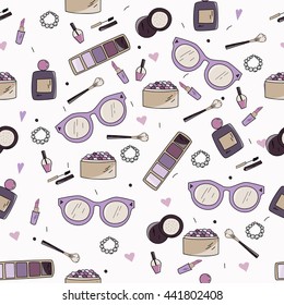make up brush, eye shadows, mascara, perfume, powder, blush, lipstick, sunglasses on a light pink background, seamless pattern