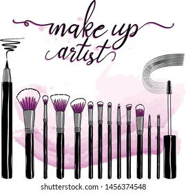 make up brush lettering with cosmetics collection, vector