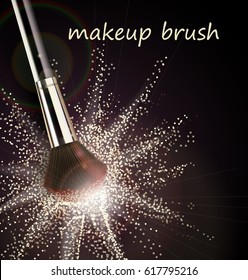 Make up brush with light powder explosion on black background Vector template