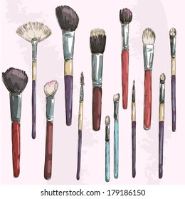 Make up brushes collection. Fashion illustration. Vector sketch. 