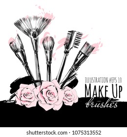 Make up brushes for cosmetics with pink powder vector set. Hand drawn fashion illustration in black ink style. Beautiful realistic design for sale banner, poster, invitation card.