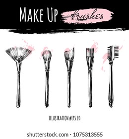 Make up brushes for cosmetics with pink powder vector set. Hand drawn fashion illustration in black ink style. Beautiful realistic design for sale banner, poster, invitation card.