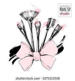 Make up brushes for cosmetics with pink powder vector set. Hand drawn fashion illustration in black ink style. Beautiful realistic design for sale banner, poster, invitation card.