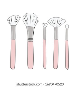Make up brushes for cosmetics pink powder vector set. Hand drawn fashion illustration in black ink style. Beautiful realistic design for sale banner, poster, invitation card.
