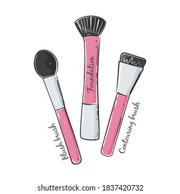 Make up brushes set in pink color, handdrawn style. Vector illustration isolated on white background.