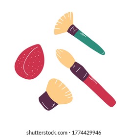Make up brushes sketch collection. Cosmetic tools set. Fashion and beauty illustration. Vector flat hand drawn doodle graphic