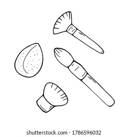 Colección de esbozo de pinceles para maquillaje. Conjunto de herramientas cosméticas. Ilustración de moda y belleza. Gráfico de doodle dibujado a mano por vectores