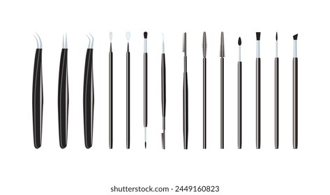 Make up brushes and tools set. vector illustration. Lashmaking, browmaking products collection. Beauty salons industry equipment. Cosmetics tools for beauty card and design, eyelashes extensions.