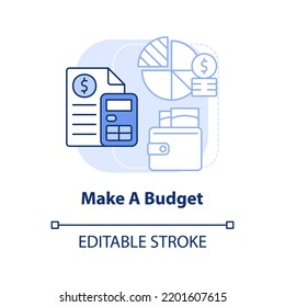 Machen Sie das Budget hellblau Konzeptsymbol. Plankosten. Schutz des Geldes während der Inflation abstrakte Idee dünne Linie Illustration. Einzeln Umrisszeichnung. Bearbeitbarer Strich. Arial, Myriad Pro Fett Schriftarten verwendet