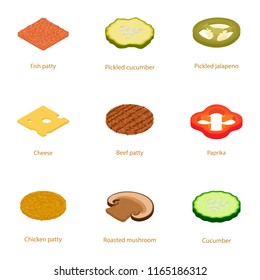 Make a burger icons set. Cartoon set of 9 make a burger vector icons for web isolated on white background