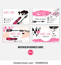 Make Up  Business Card Template. Make Up Template With N Makeup Brush, Lipstick And Grunge Drops.