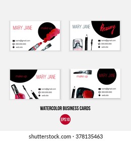 Make up  business card template /  make up template with nail polish, makeup brush, eyeliner, lipstick.